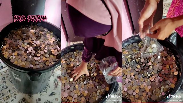 Woman Didn’t Have Time To Exchange Duit Raya, Prepares Giant Bucket Of Coins Instead!