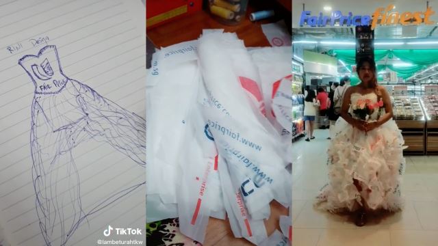 Woman In Singapore Makes Dress Out Of Plastic Bags, Use TikTok To Showcase Her Creation!