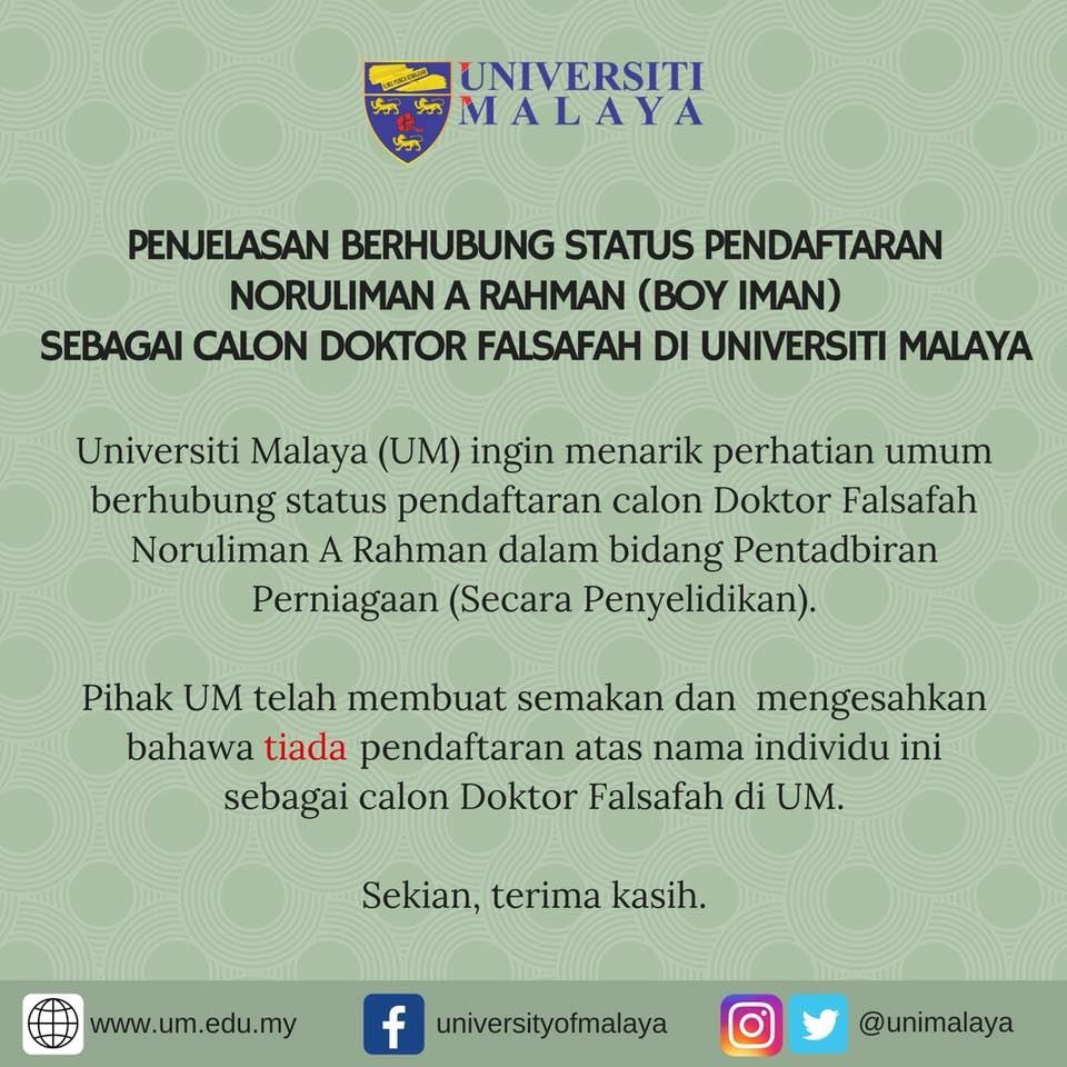 universiti malaya nafikan boy iman ada mendaftar sebagai pelajar phd
