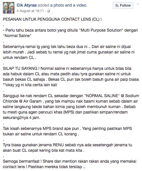 pengguna contact lens kena tahu beza