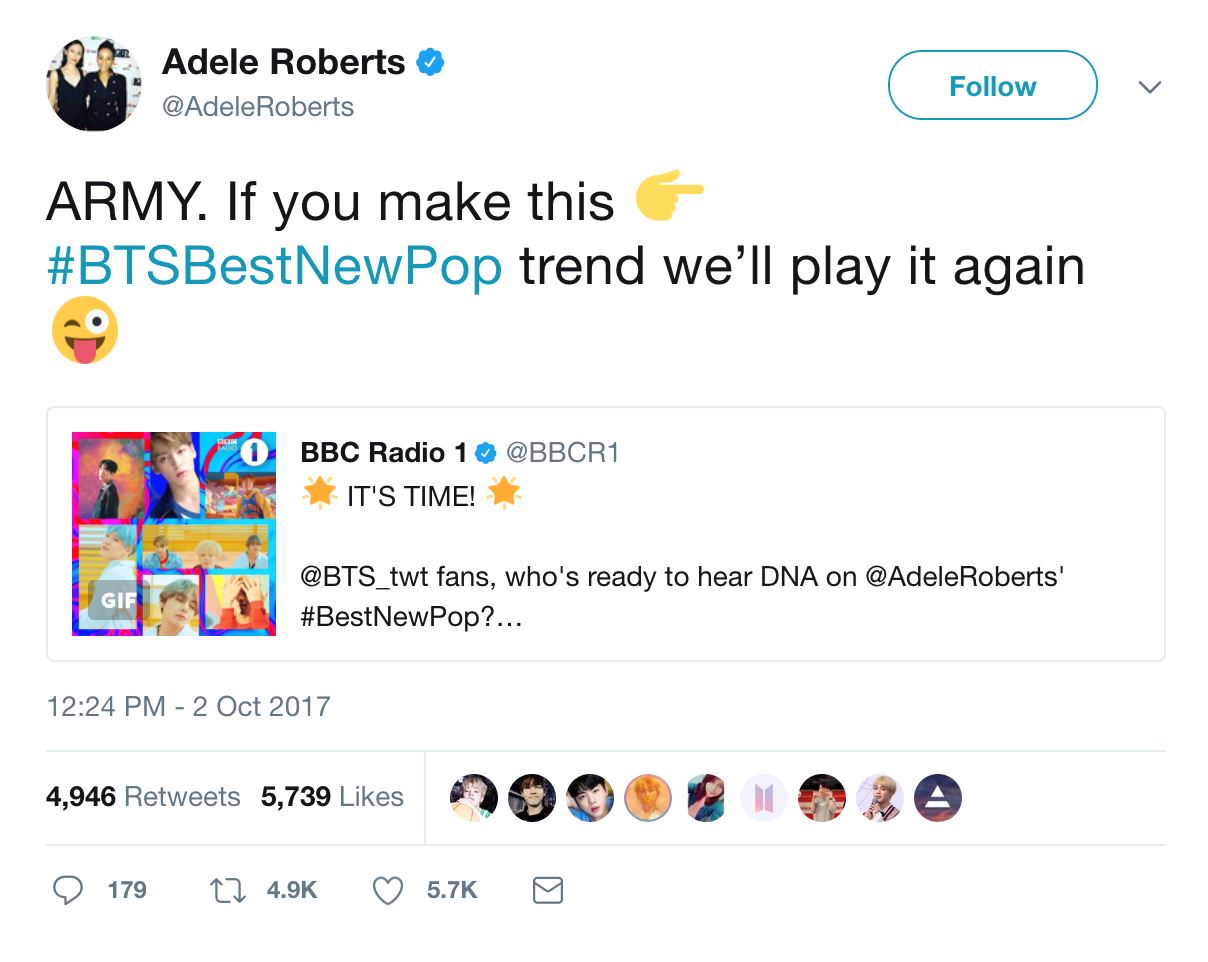 jika hashtag #btsbestnewpop trending, lagu bts akan di mainkan 2 kali di radio united kingdom