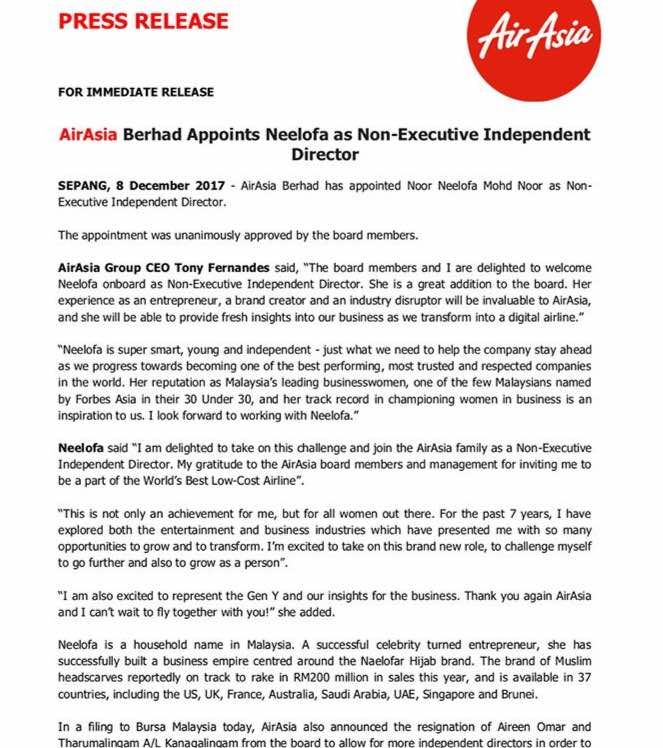 tahniah! neelofa di lantik sebagai pengarah syarikat penerbangan
