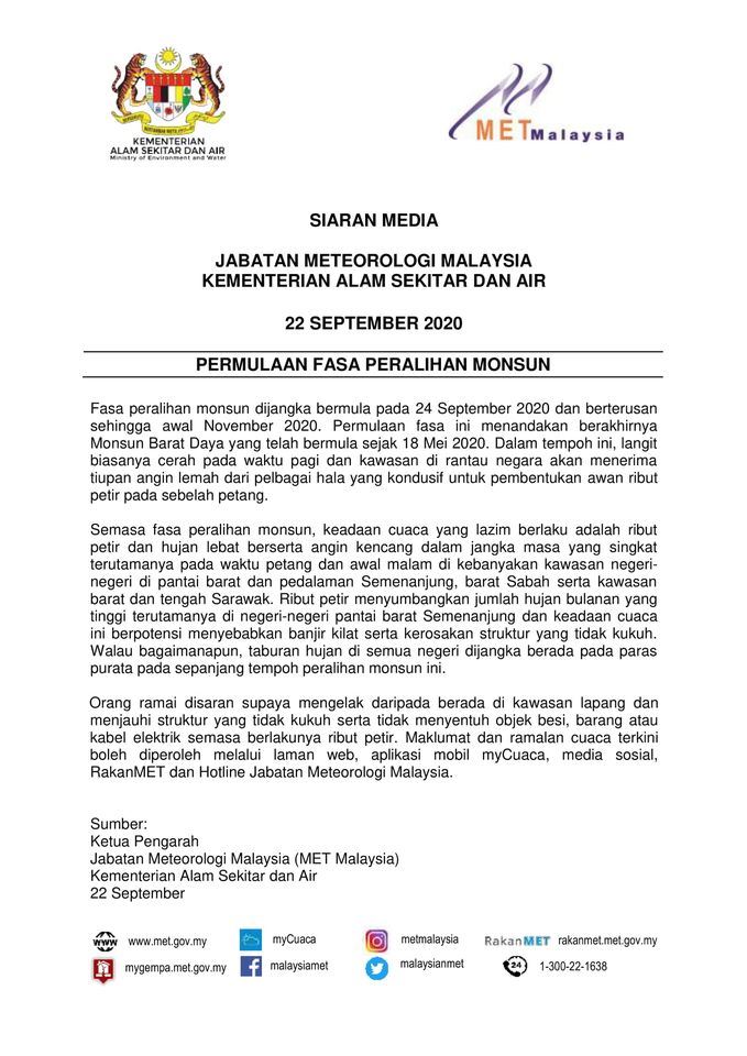 hujan petir sebelah petang dijangka berterusan hingga november