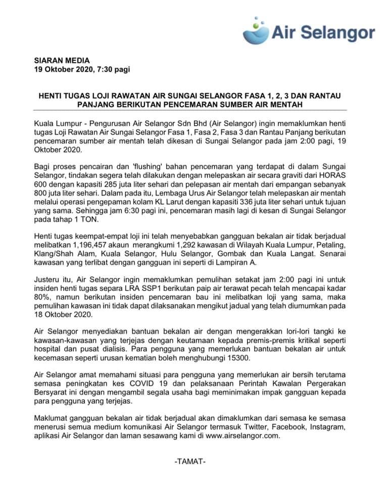 pencemaran air di sg. selangor, lembah klang alami gangguan bekalan air lagi