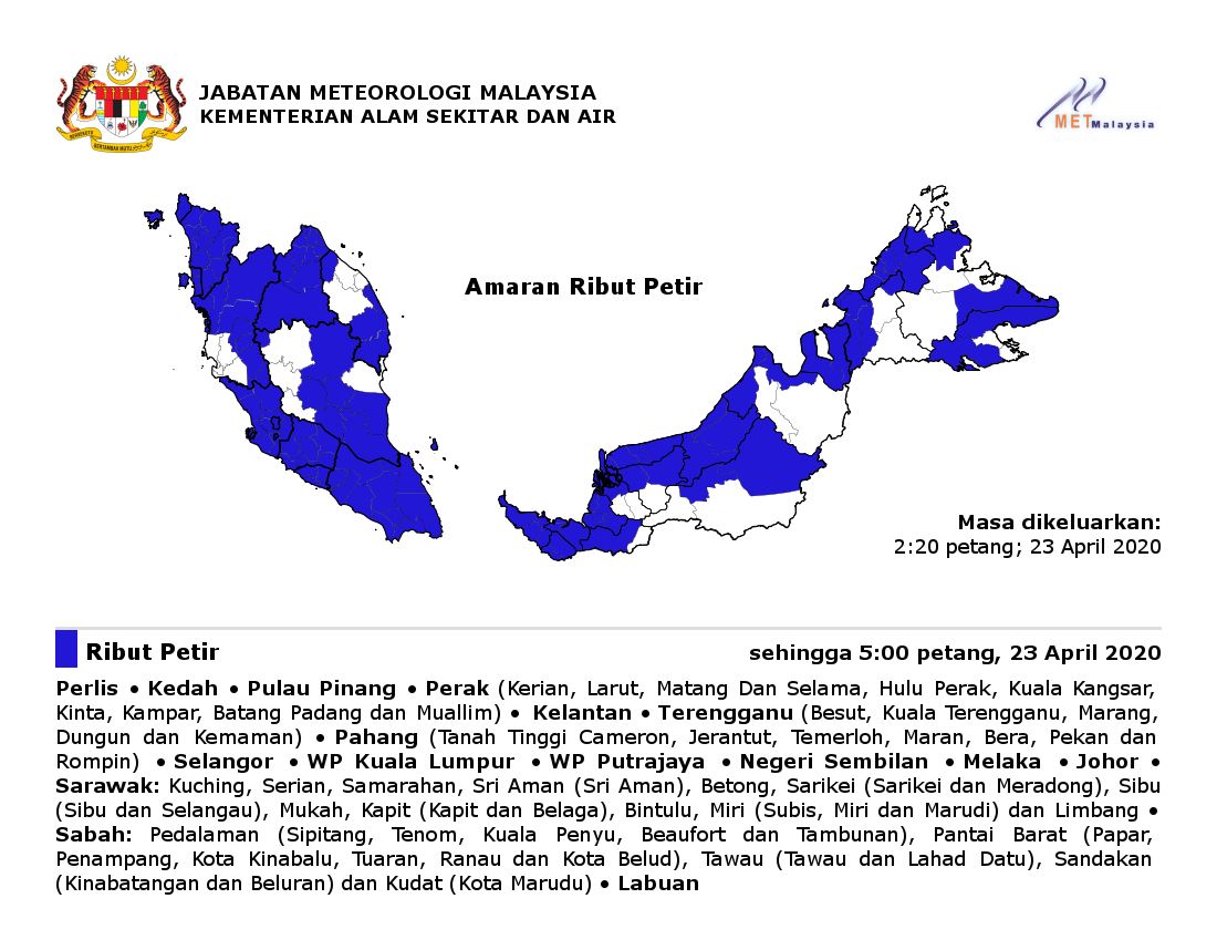 amaran ribut petir di beberapa negeri sehingga jam 5 petang ini