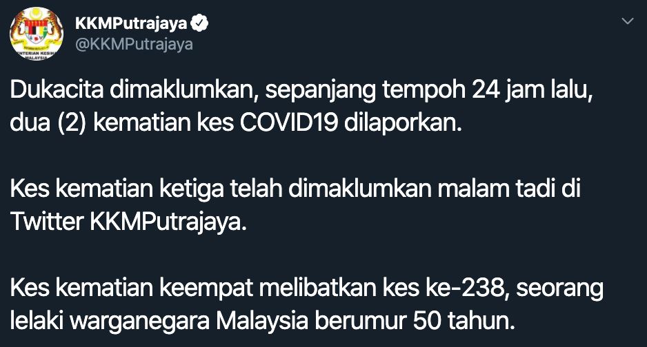 kes kematian ke-4 covid-19 di malaysia, jumlah kes positif bertambah