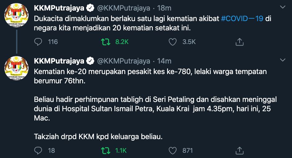 satu lagi kematian dilaporkan, jumlah kini 20 kes kematian di malaysia
