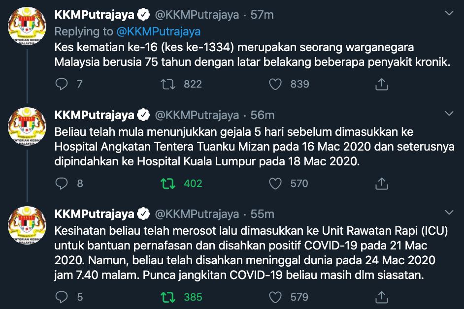 satu lagi kematian akibat covid-19, malaysia kini 16 kes maut 
