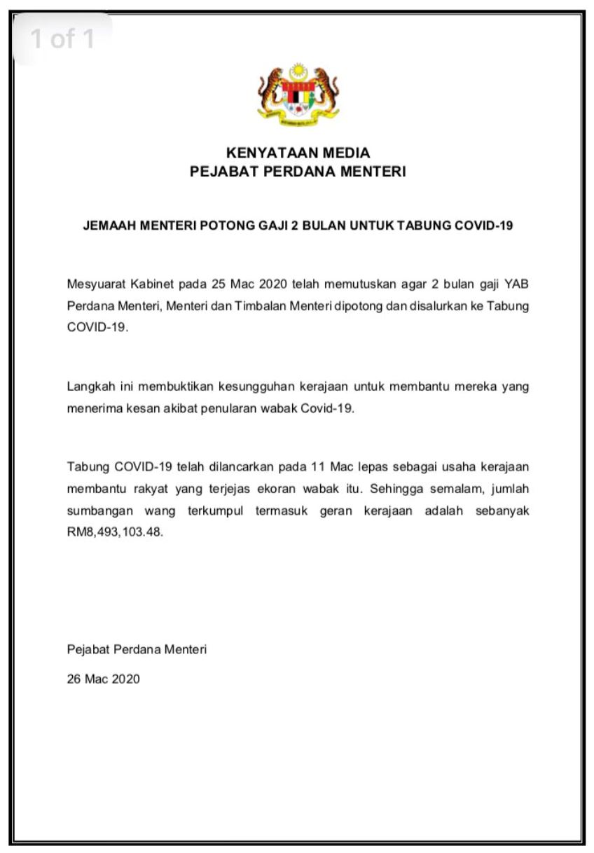 gaji pm, menteri dan timbalan dipotong dua bulan untuk tabung covid-19