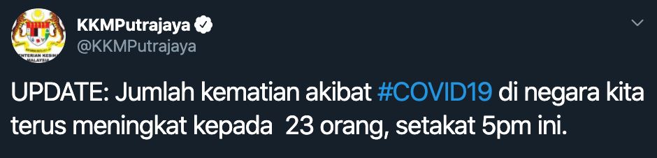 [terkini] jumlah kematian akibat covid-19 kini 23 kes di malaysia