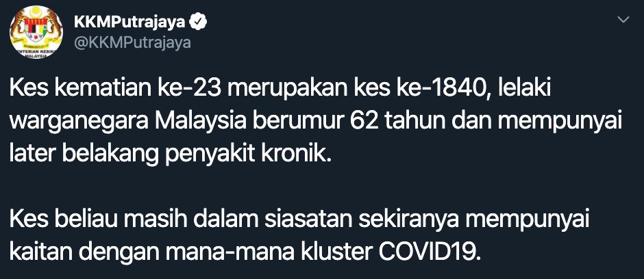 [terkini] jumlah kematian akibat covid-19 kini 23 kes di malaysia