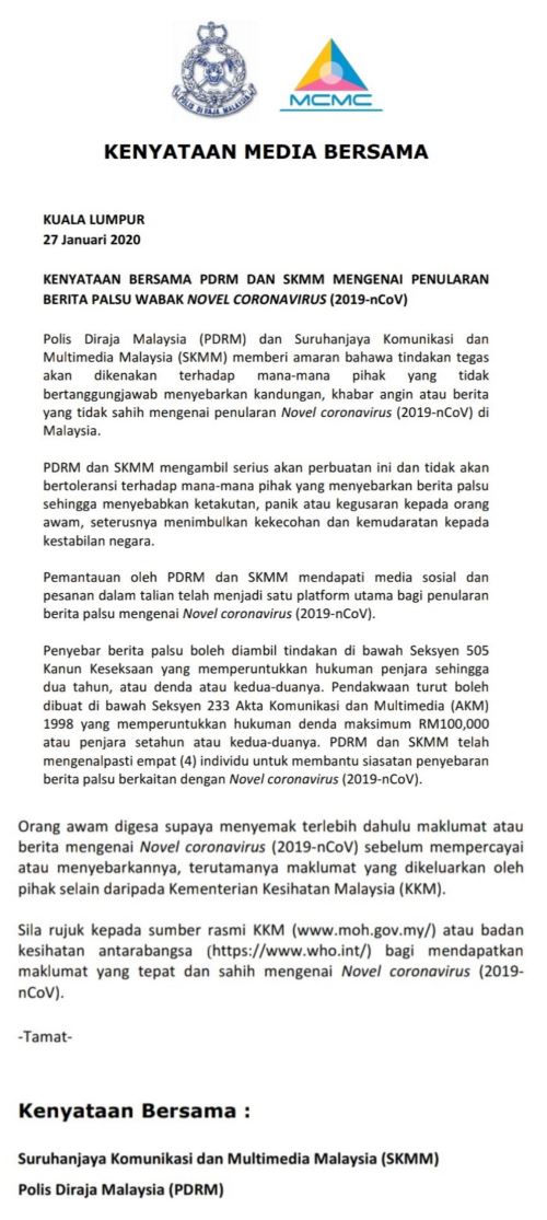 akibat sebar berita palsu coronavirus, seorang lelaki ditahan di bangi