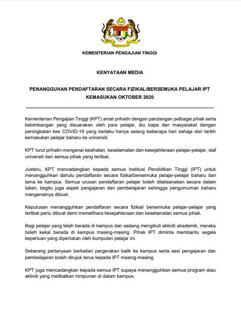 kpt cadang semua ipt tangguh pendaftaran pelajar