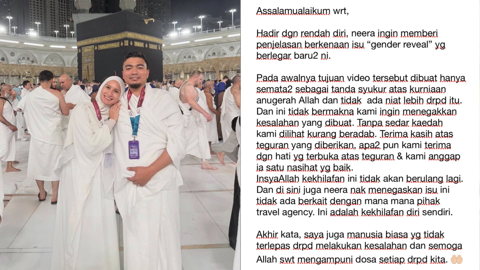 Isu Gender Reveal di Tanah Suci, Neera Azizi Akui Kekhilafan Diri - “Tanpa Sedar.. Kaedah Kami Dilihat Kurang Beradab…”