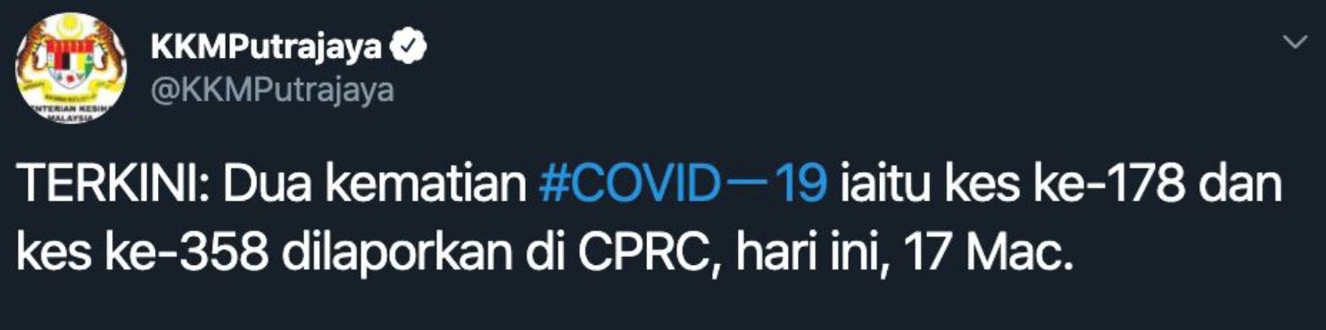 dua kematian berkaitan jangkitan covid-19 pertama di malaysia