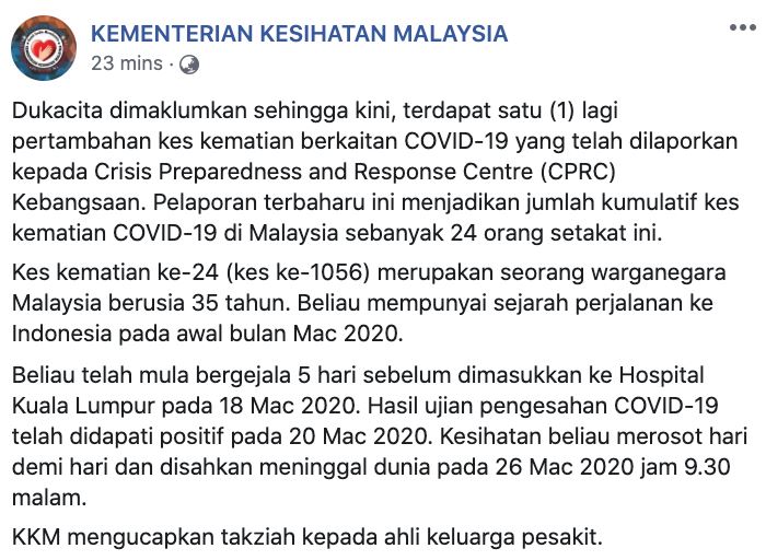 [terkini] satu lagi kematian akibat covid-19, jumlah kematian kini 24 kes