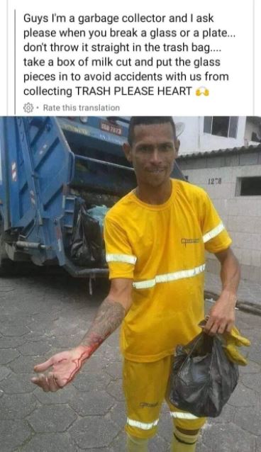 pekerja pembersihan luka terkena kaca, ‘‘tolong jangan buang objek tajam dalam plastik..’’