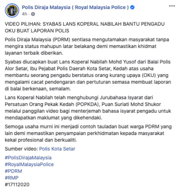 [video] anggota polis dipuji bantu oku pekak dan bisu buat laporan 