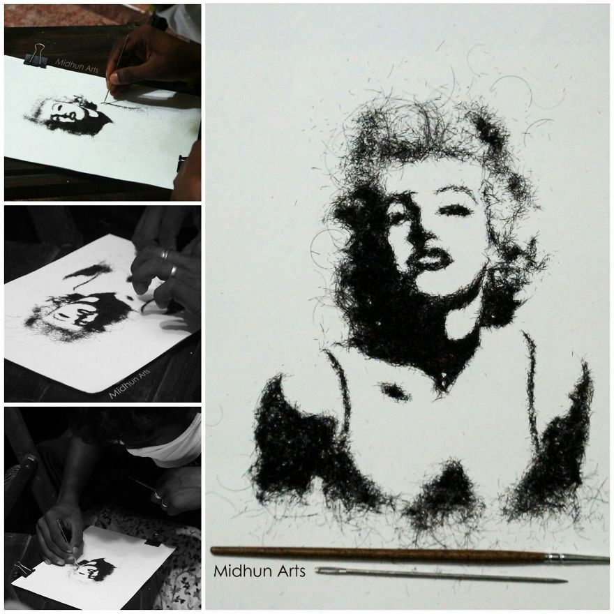 kreatif guna rambut dan bulu buat seni potrait macam ni