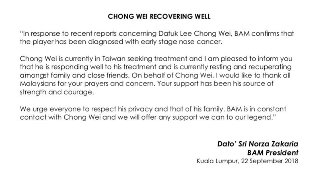 datuk lee chong wei sah hidap barah hidung peringkat awal