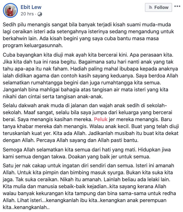 banyak kes suami cerai isteri termasuklah yang sedang mengandung, ustaz ebit lew tampil beri pesanan