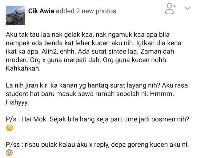 kucing jadi posmen bagi surat nak berkenalan dengan jiran