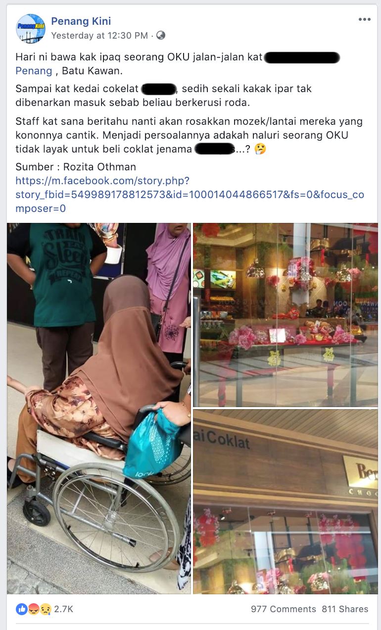 tak bagi pelanggan kerusi roda masuk takut mozek rosak, pihak syarikat mohon maaf