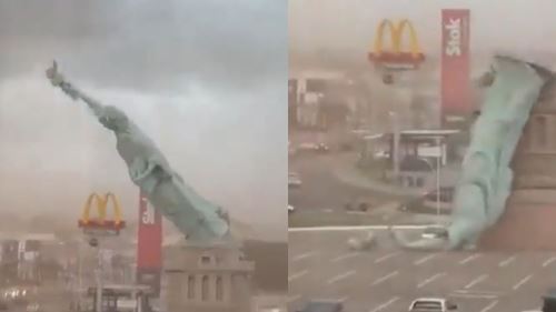 [VIDEO] Tak Sangka! Angin Kencang Tumbangkan Replika Patung Liberty Gergasi
