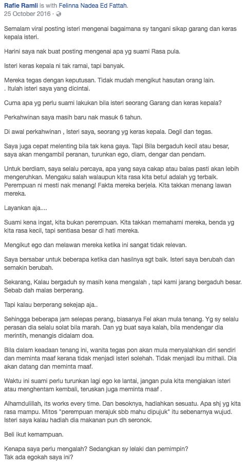 cerita mengenai isteri keras kepala, suami luah apa yang dia rasa