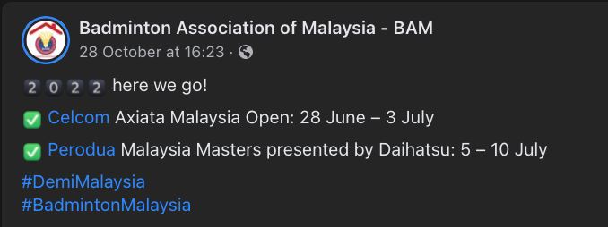 约起来现场看羽球🏸️【2022年大马羽球公开赛】日期出炉