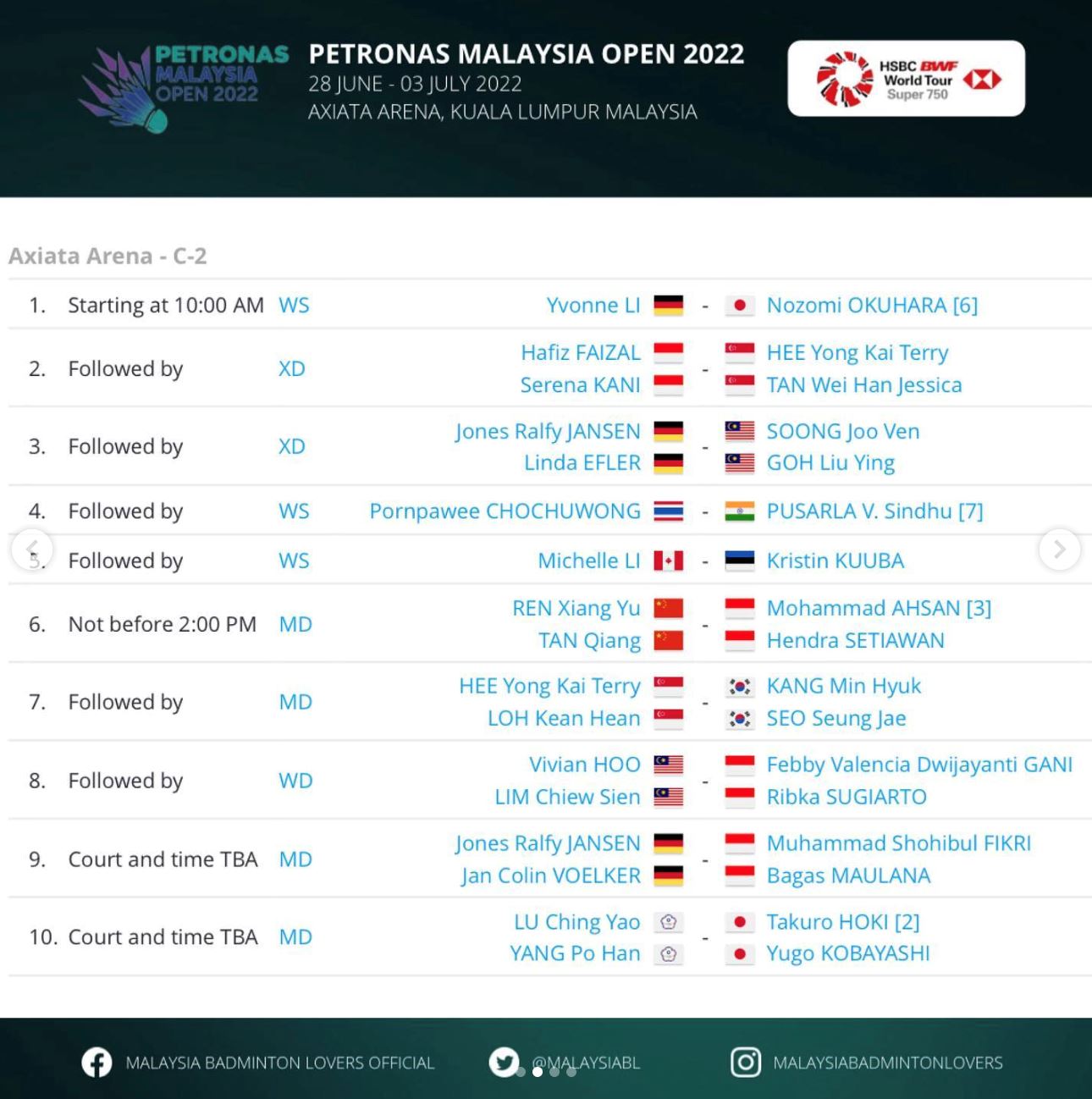 李梓嘉今天开打【大马羽球公开赛】6月29日赛程！🏸️