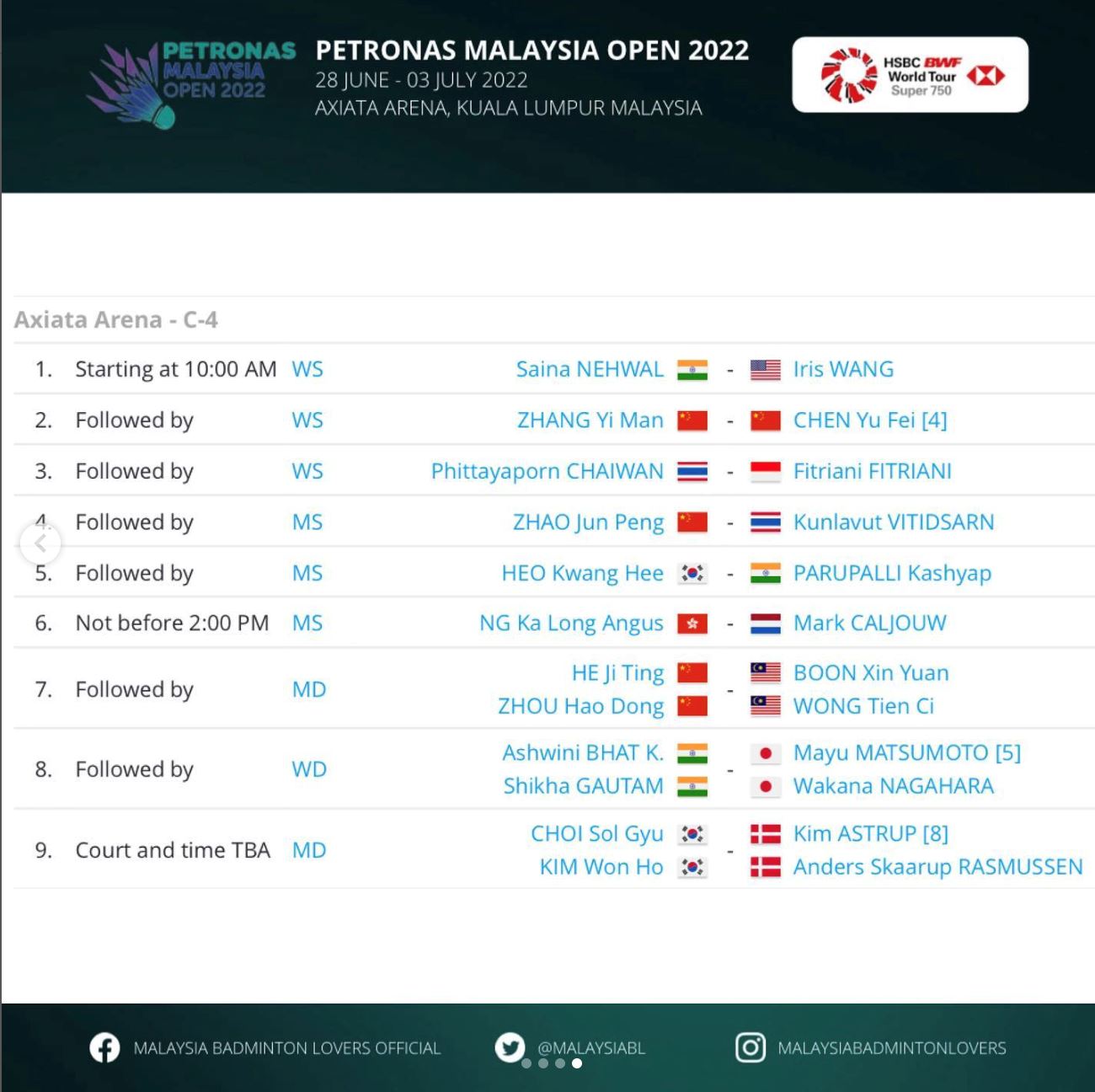 李梓嘉今天开打【大马羽球公开赛】6月29日赛程！🏸️