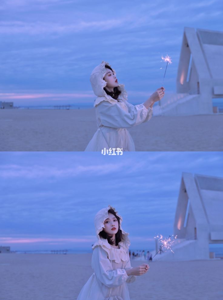 海边拍照新技能get✅一起拍烟花写真！