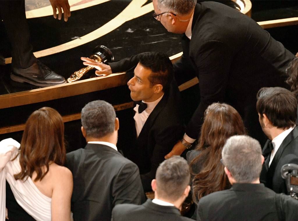 after winning best actor, rami malek fell off the oscars stage and had to be treated by paramedics