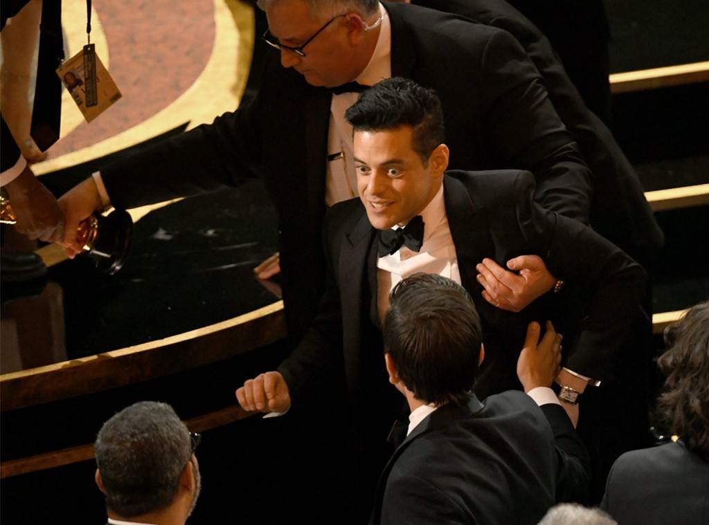 after winning best actor, rami malek fell off the oscars stage and had to be treated by paramedics