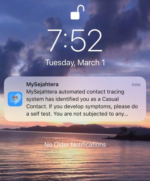 偶然接触者不再变成“黄色” mysejahtera依然会收到通知