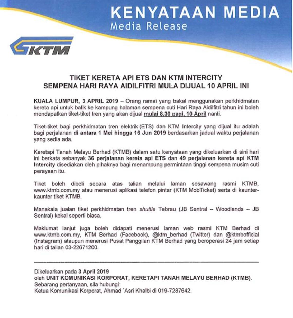  4月10日起，ktm开放预购全马各地的火车票！