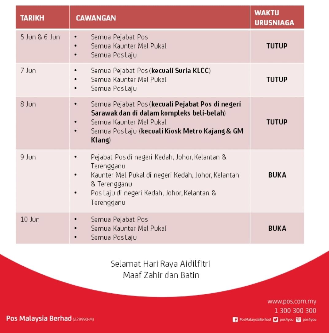 配合开斋节，大马Pos Laju即将关闭长达5天！ | MELODY
