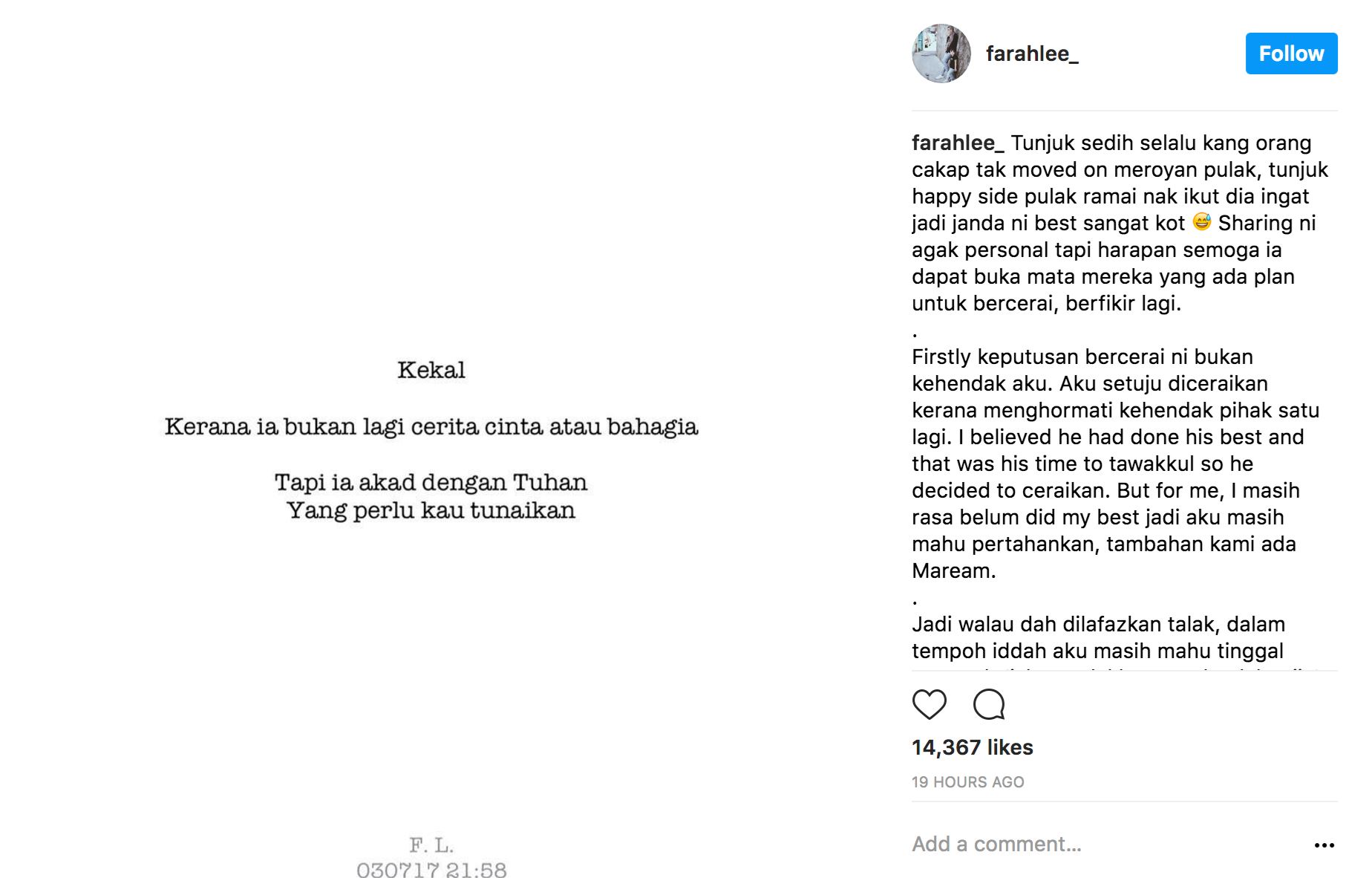 walau dah dilafazkan talak, dalam tempoh iddah aku masih mahu tinggal serumah- farah lee