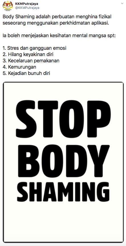 stop body shaming ! mengejek buruk fizikal sesorang boleh dipenjara