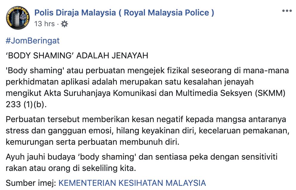 stop body shaming ! mengejek buruk fizikal sesorang boleh dipenjara
