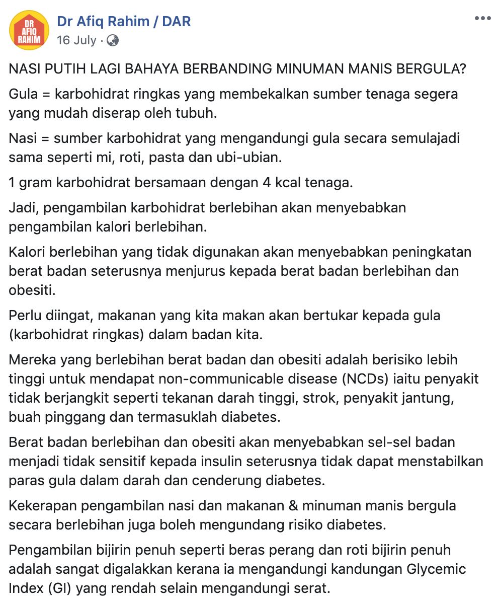 nasi putih lagi bahaya berbanding minuman manis?