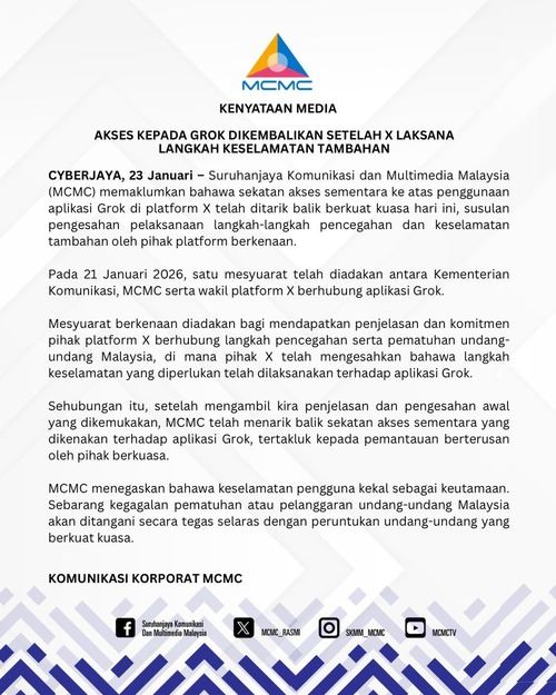 grok kembali boleh diakses di malaysia selepas patuhi syarat keselamatan mcmc