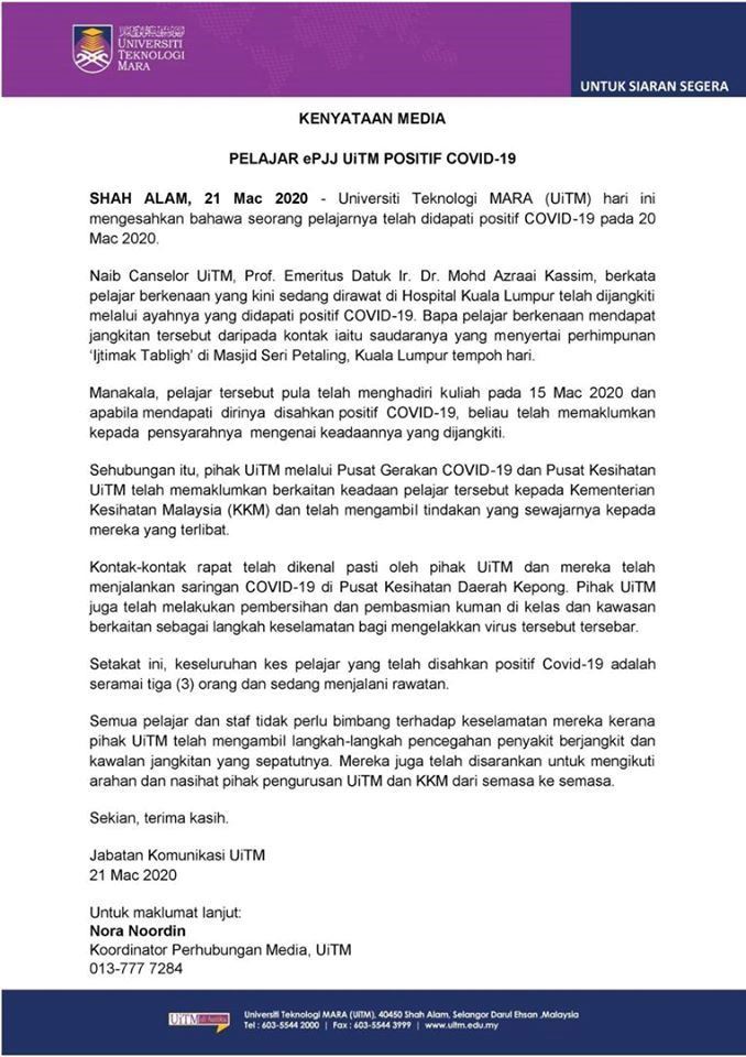 uitm mengesahkan seorang pelajar positif covid-19