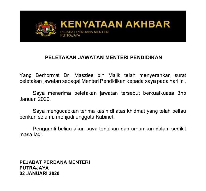 dr maszlee malik steps down as education minister