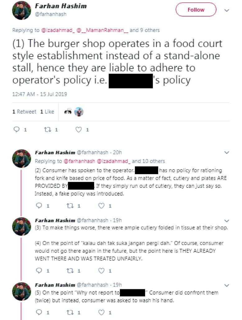 customer asks for cutleries, burger stall tells customer to wash their hands